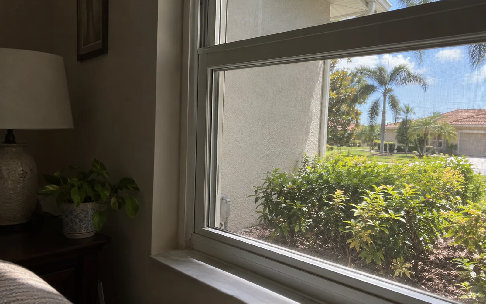 Sunlit Lee County home window and pale exterior wall in a residential setting